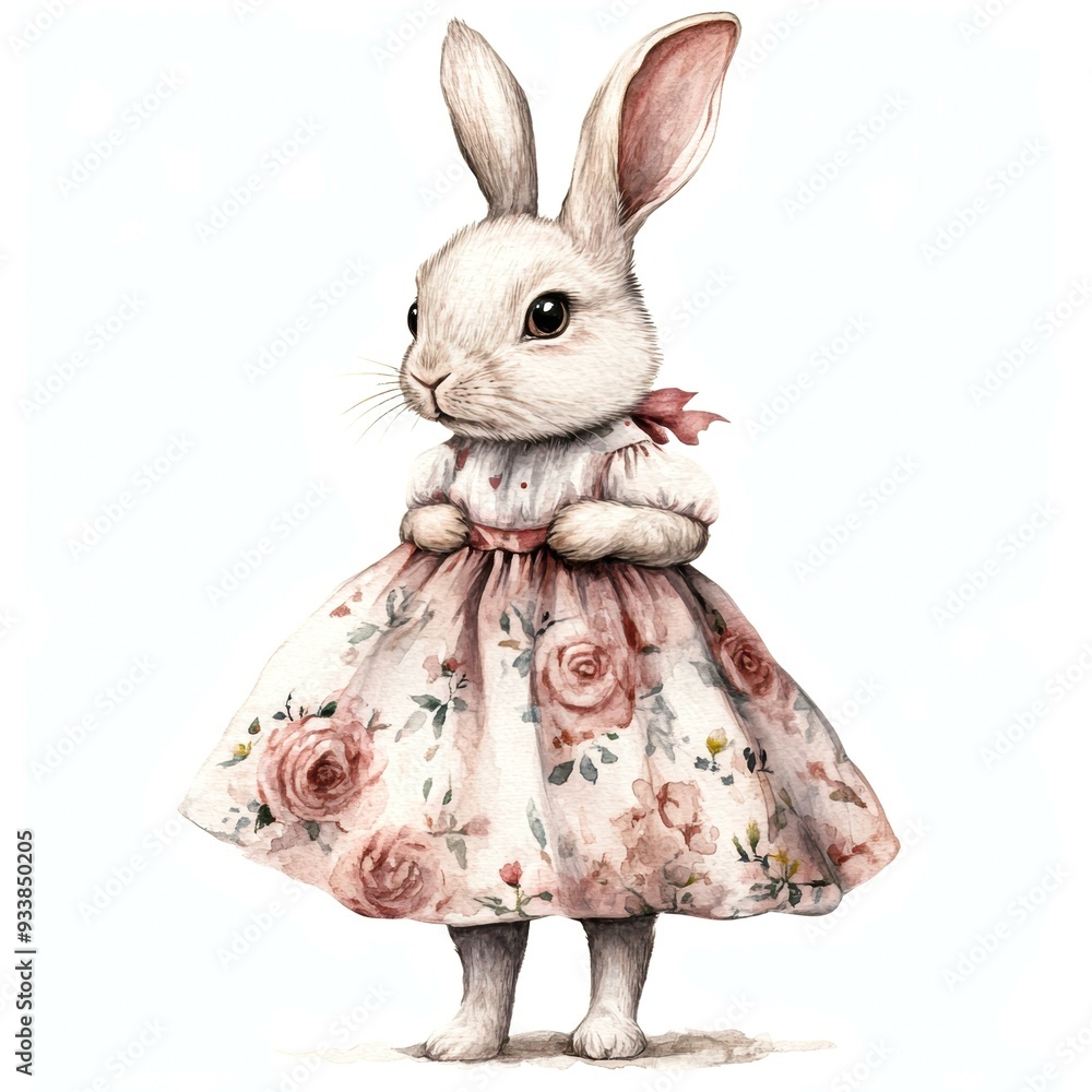 Obraz premium An adorable illustrated bunny wearing a floral dress, perfect for children's book covers, greeting cards, and nursery decor,