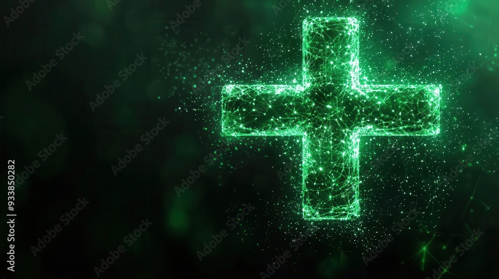 Obraz premium Green abstract light forming a medical cross, natural radiology and digital healthcare