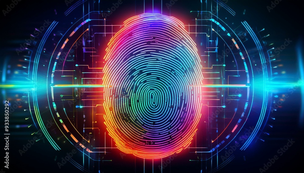 Obraz premium Holographic fingerprint scanner on a futuristic interface, representing business technology security, clean and modern.