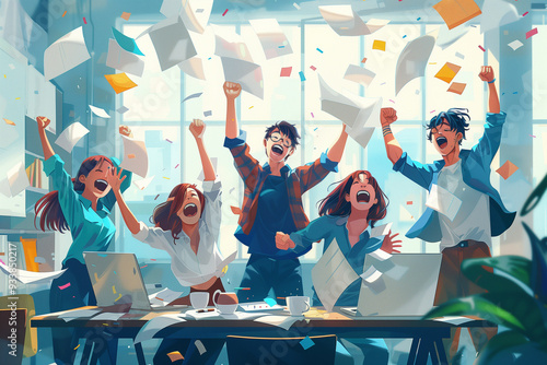 Animated team celebrating success with flying papers in an office, expressing joy and teamwork, AI-generated image.