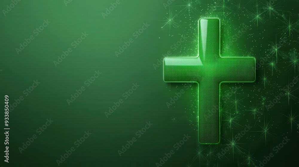 Obraz premium Green abstract medical cross with light effects, futuristic sustainable healthcare symbol