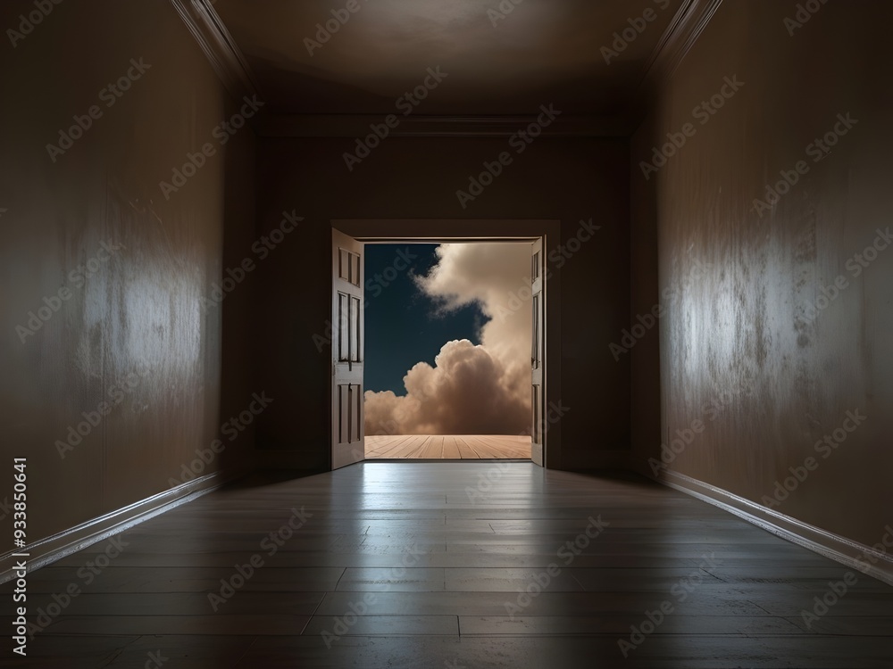 Surreal Abstract Hallway with Clouds Flying - Perfect for Inspirational, Motivational Backgrounds, Geometric Art, and Metaphorical Design Surreal Abstract Hallway with Clouds Flying - Perfect for Inspirational, Motivational Backgrounds, Geometric Art, and Metaphorical Design