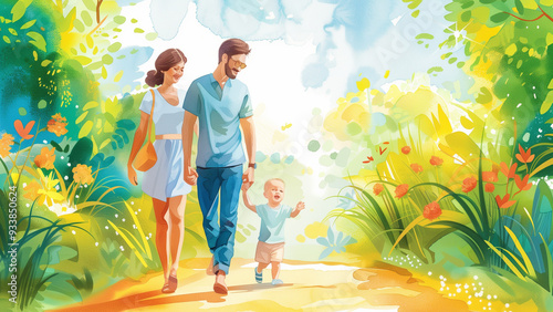 Family walk on a sunny path, vibrant colors, joyful outdoors, AI-generated image