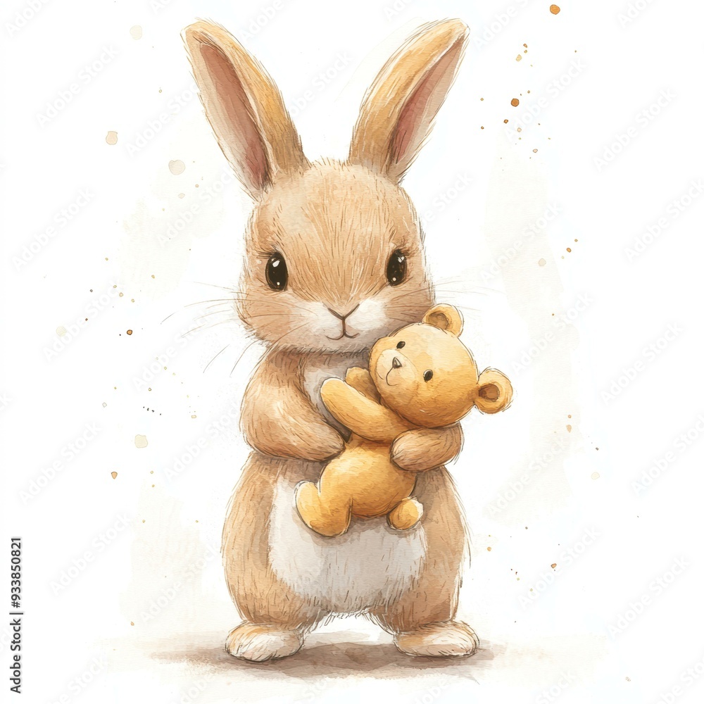 A charming watercolor illustration of a cute bunny holding a teddy bear, perfect for children's books, nursery decor, and greeting cards A charming watercolor illustration of a cute bunny holding a teddy bear, perfect for children's books, nursery decor, and greeting cards