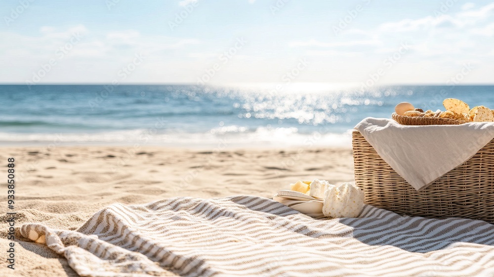 Fototapeta premium Beach picnic setup with a blanket, basket, and snacks overlooking the ocean and a bright, sunny day