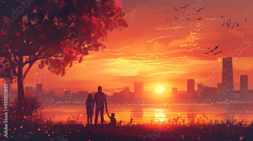 Family silhouette against sunset cityscape, peaceful evening, AI-generated image.