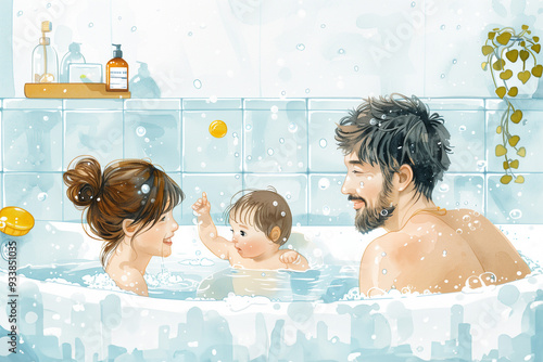 Joyful family sharing baby's first bath, sunlit bathroom, AI-generated image