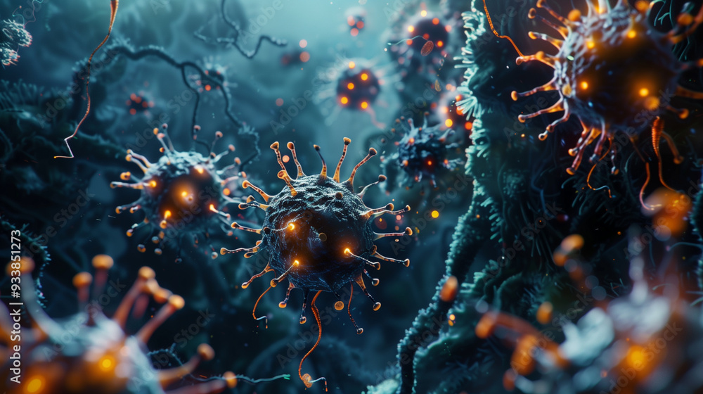 Detailed 3D render of a virus particle in vibrant colors against a dynamic background, AI-generated image. Detailed 3D render of a virus particle in vibrant colors against a dynamic background, AI-generated image.