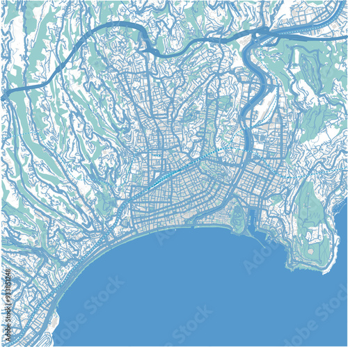 Map of Nice in France in blue. Contains layered vector with roads water, parks, etc.