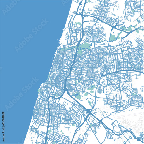 Map of Tel Aviv in Israel in blue. Contains layered vector with roads water, parks, etc.