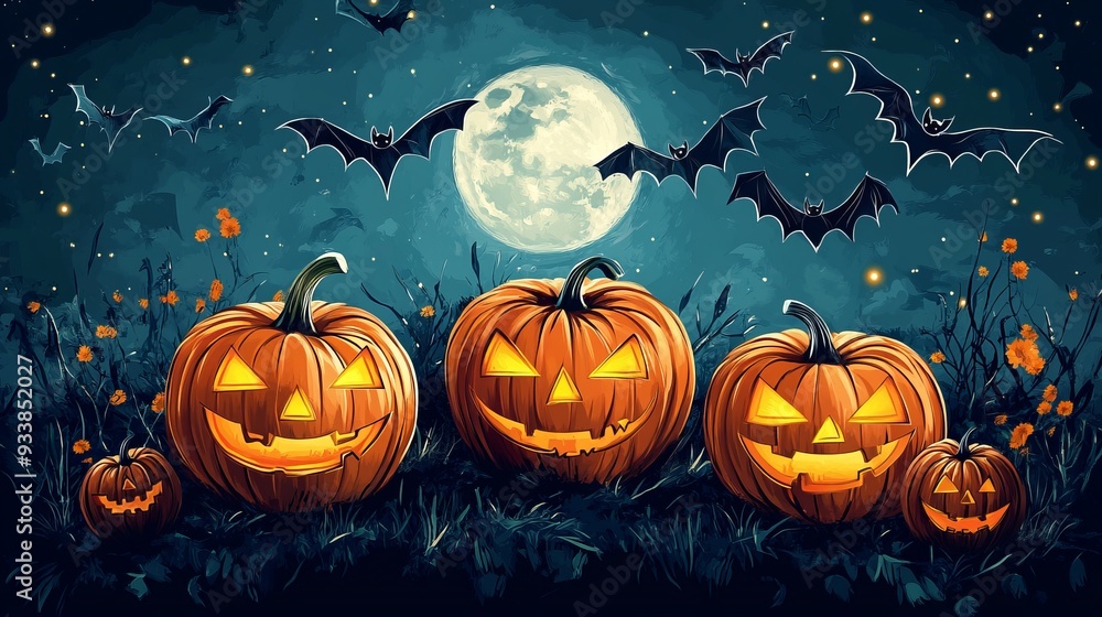 An illustration of Halloween pumpkins with bats and a moonlit background. An illustration of Halloween pumpkins with bats and a moonlit background.