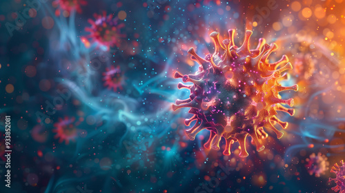 Artistic rendering of a coronavirus particle, microscopic health concept, AI-generated image.