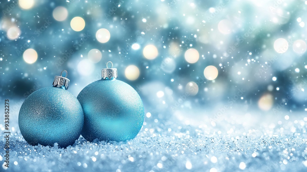 Blue Christmas ornaments sitting on a snowy surface during winter Blue Christmas ornaments sitting on a snowy surface during winter