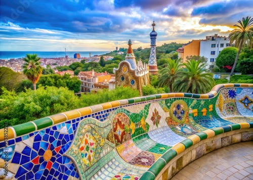 Colorful ceramic benches and intricate architectural details adorn the iconic building in Park Guell, a famous public park in the heart of Barcelona, Spain.