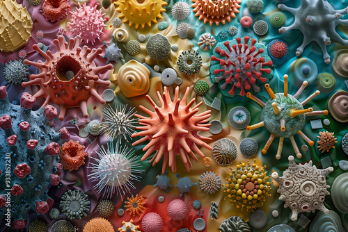 Colorful mosaic of assorted viruses in a detailed illustration, AI-generated image.