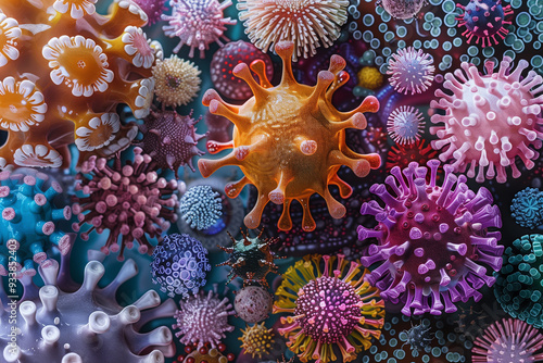 Colorful mosaic of assorted viruses in a detailed illustration, AI-generated image.