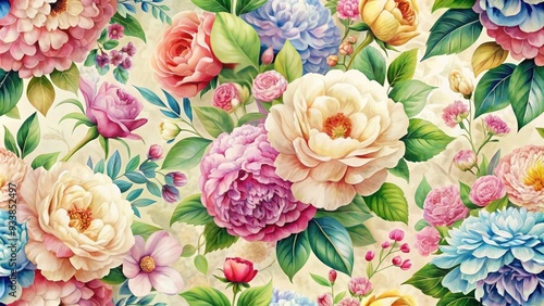 Wallpaper Mural Vibrant, colorful floral patterns repeat across a soft, creamy background, featuring blooming peonies, roses, and hydrangeas in delicate, whimsical illustrations with subtle texture. Torontodigital.ca