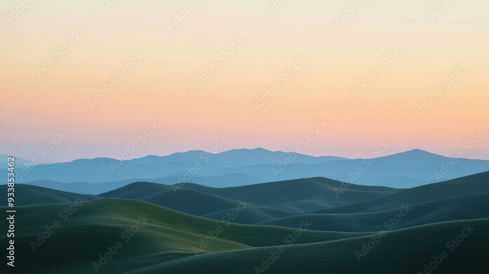Rolling hills at dawn, peaceful landscape. Nature tranquility and serene beauty concept Rolling hills at dawn, peaceful landscape. Nature tranquility and serene beauty concept