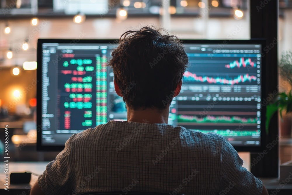 Rear view of a young man sitting in front of a monitor with stock market data with generative ai Rear view of a young man sitting in front of a monitor with stock market data with generative ai