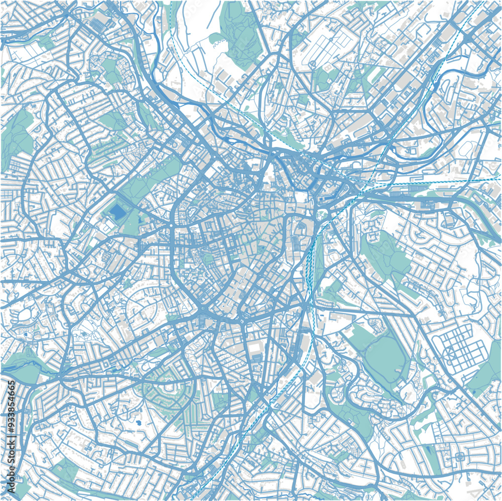 Fototapeta premium Map of Sheffield in United Kingdom in blue. Contains layered vector with roads water, parks, etc.