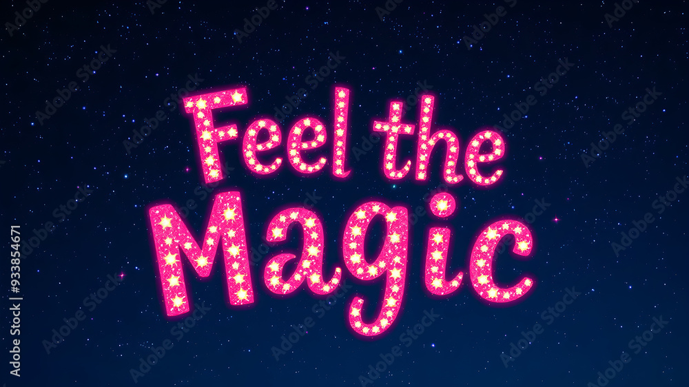 “Feel the Magic” text in a sparkly, fun font over a nighttime sky with stars. Generative AI “Feel the Magic” text in a sparkly, fun font over a nighttime sky with stars. Generative AI