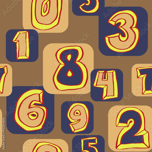 Hand drawn numbers seamless pattern for digital background, wallpaper and textile print. Cartoon style drawing. Education and finance theme, school lettering 