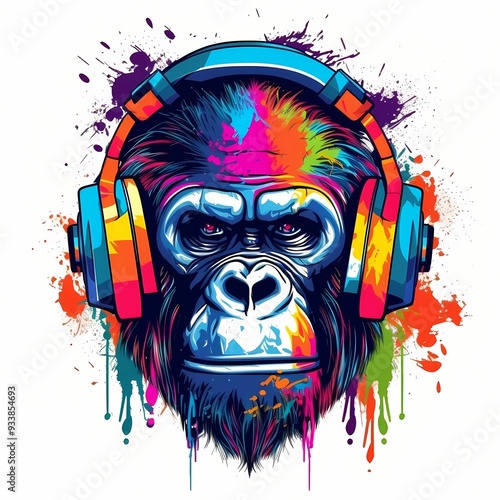 Colorful gorilla wearing headphones with a vibrant paint splash backdrop
