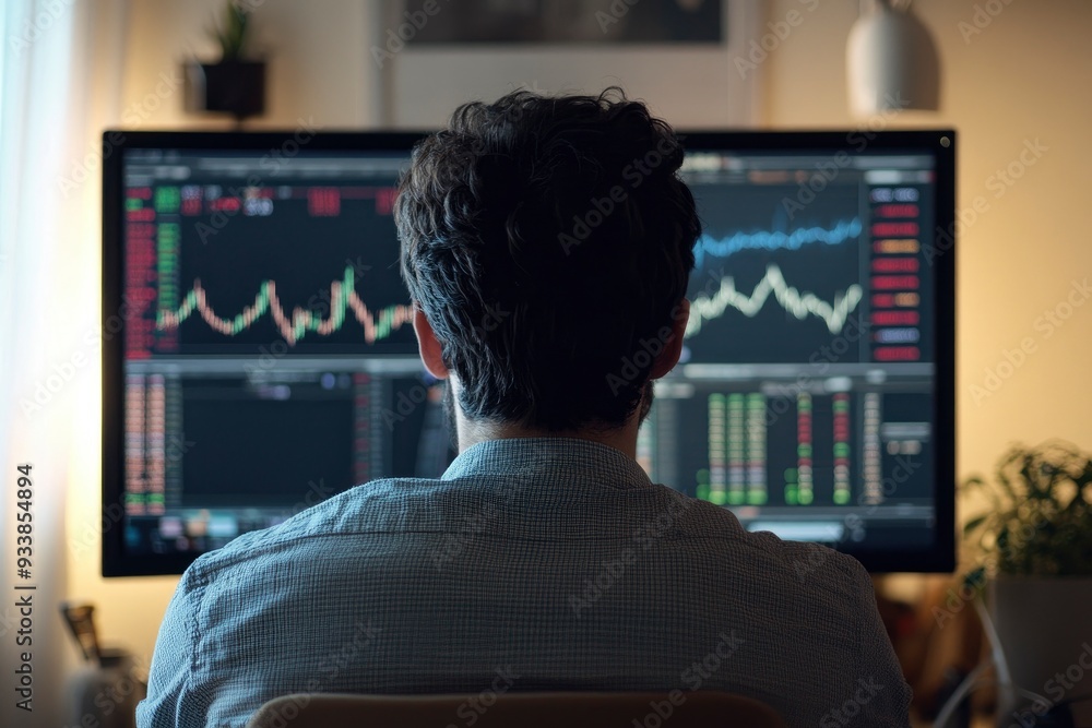 Rear view of a young man sitting in front of a monitor with stock market data with generative ai Rear view of a young man sitting in front of a monitor with stock market data with generative ai
