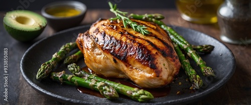 A mouthwatering grilled chicken served with a side of roasted asparagus and a sful of avocado oil for a delicious and nutritious fat boost.