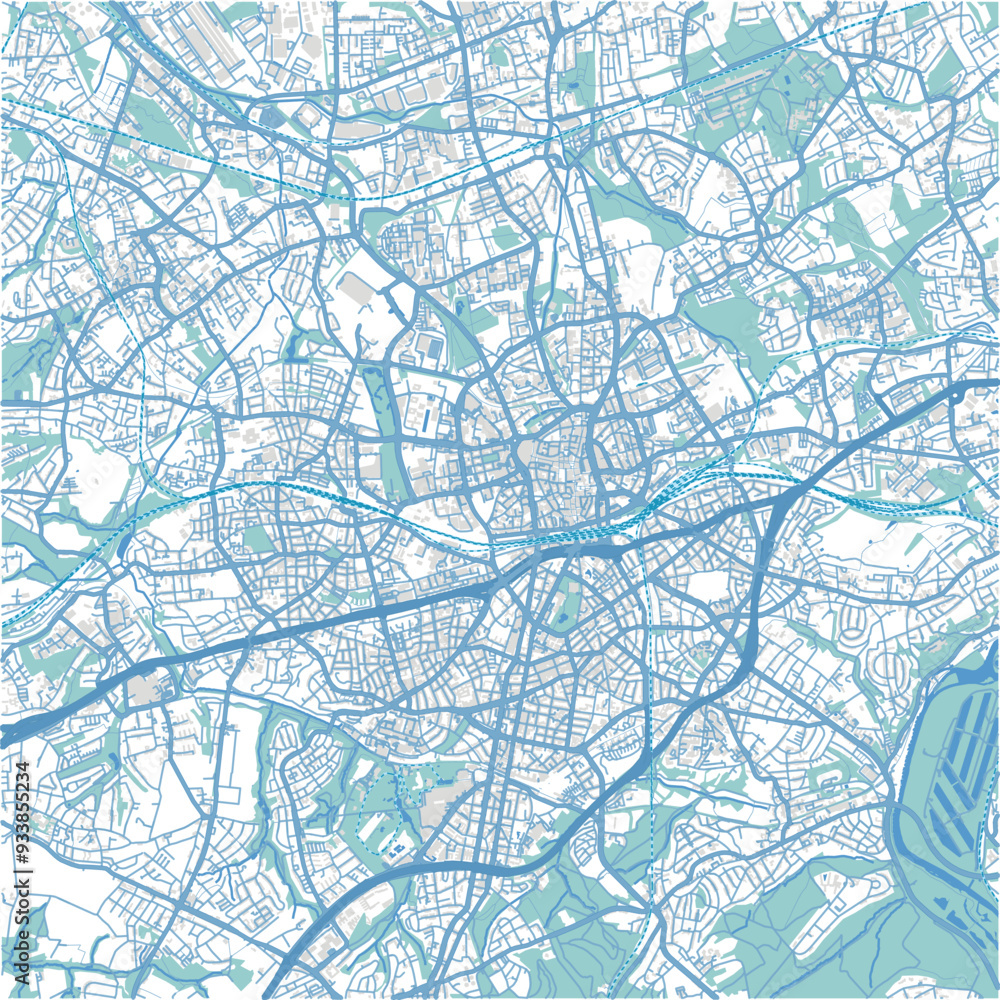 Map of Essen in Germany in blue. Contains layered vector with roads water, parks, etc. Map of Essen in Germany in blue. Contains layered vector with roads water, parks, etc.
