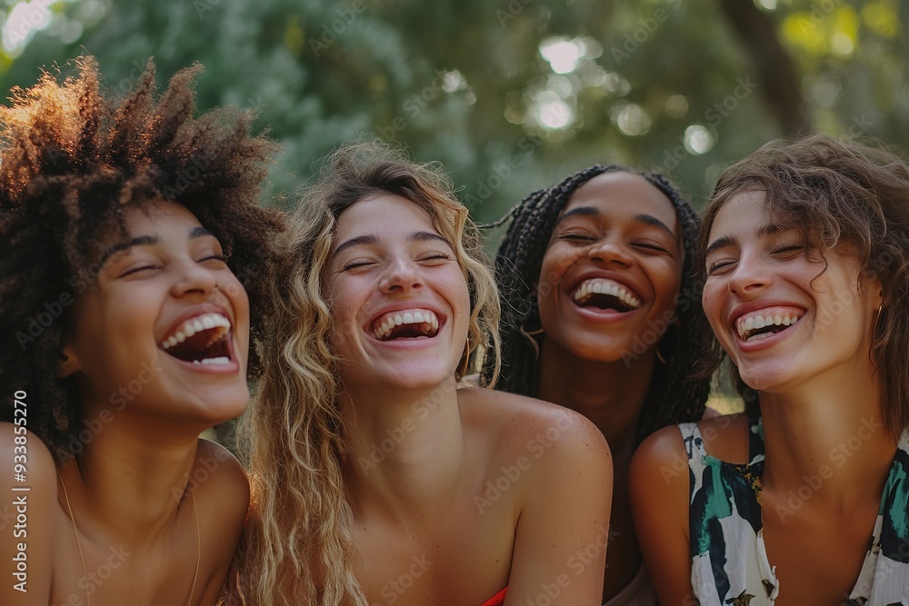 Four diverse women laughing together outdoors Four diverse women laughing together outdoors