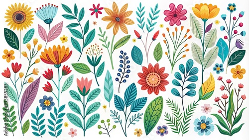 Colorful floral vector set featuring stylized illustrations of various flowers, leaves, and branches in modern minimalist design, perfect for spring and garden-themed projects.