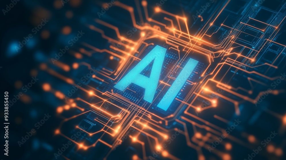 Glowing AI logo in a futuristic digital landscape with neon lights and ...