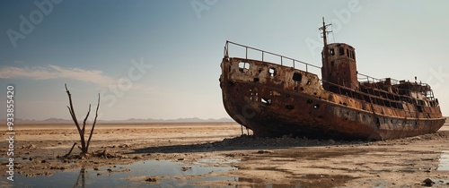 A rusty abandoned ship sits on a dry lakebed. photo