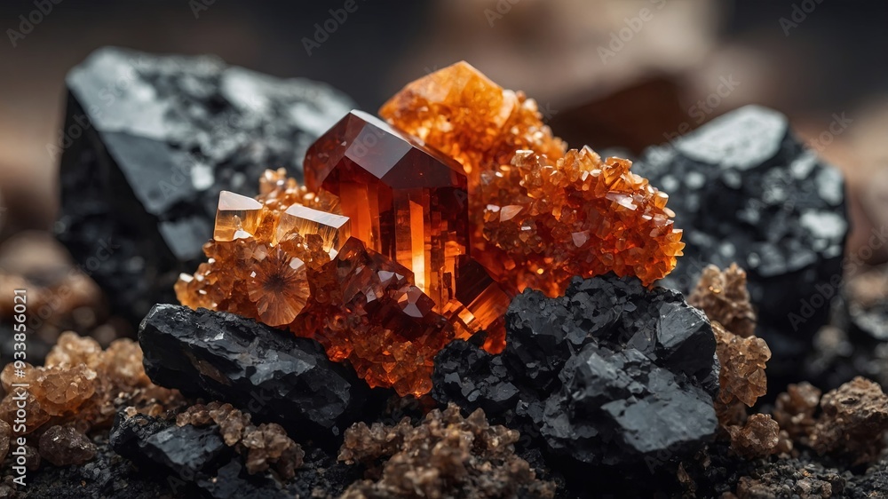 Fototapeta premium Vanadinite and Baryte crystals with black oxide coating from Morocco.