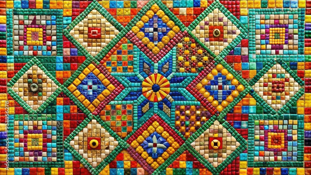 Vibrant colorful mosaic squares arranged in a geometric pattern, forming a mesmerizing abstract composition with intricate details and textures on a white background. Vibrant colorful mosaic squares arranged in a geometric pattern, forming a mesmerizing abstract composition with intricate details and textures on a white background.