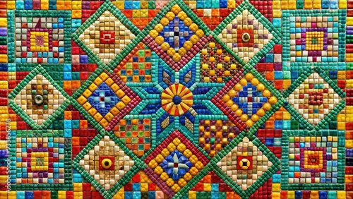 Vibrant colorful mosaic squares arranged in a geometric pattern, forming a mesmerizing abstract composition with intricate details and textures on a white background.