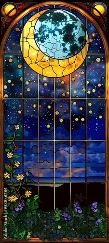 An enchanting moonlit night scene with a stained glass window and vibrant flowers in full bloom.