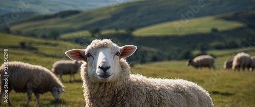 closeup of a sheep with grasy hills in the background. photo