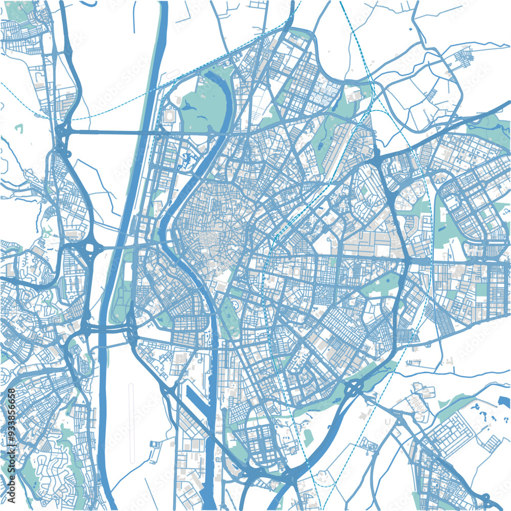 Fototapeta premium Map of Sevilla in Spain in blue. Contains layered vector with roads water, parks, etc.