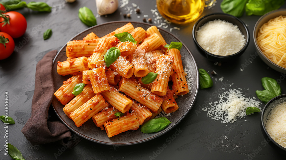 Classic Rigatoni Pasta with Tomato Sauce and Parmesan Cheese Classic Rigatoni Pasta with Tomato Sauce and Parmesan Cheese