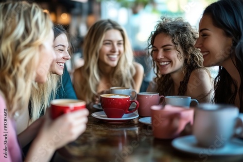 Group of happy women enjoying coffee together in cafe