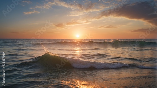 Beautiful ocean sunrise featuring gentle waves, serene sky, as well as soft clouds, capturing the tranquility as well as beauty of the natural seascape.