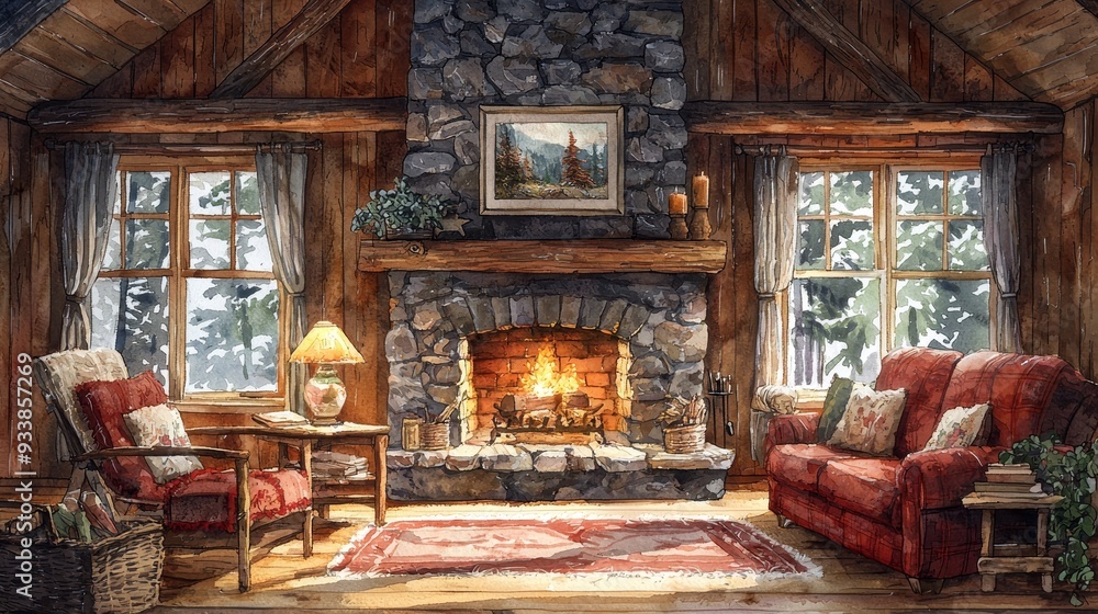 Watercolor cozy cabin interior with a stone fireplace and wooden ...