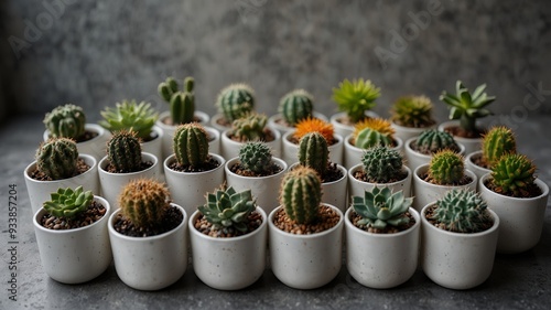 Variety of small cacti in white pots top view on concrete background decorating indoors. photo