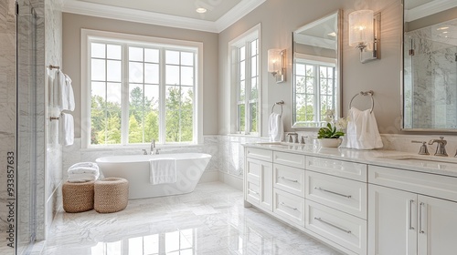Watercolor elegant bathroom with a double vanity and soft, ambient light.