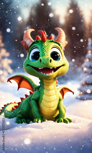 Cute green baby dragon in a snowy winter wonderland - AI generated 