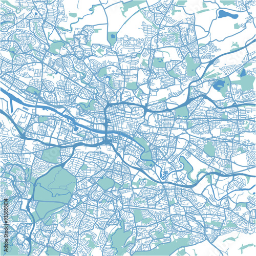 Map of Glasgow in United Kingdom in blue. Contains layered vector with roads water, parks, etc.
