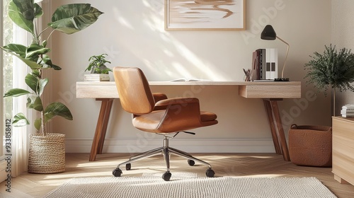 Watercolor minimalist home office with a clean desk and modern chair.