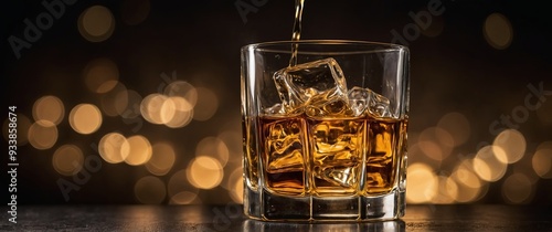 The final closeup captures the rich golden color of a premium whiskey with the light glinting off the surface and showcasing the complexity of the drink. photo